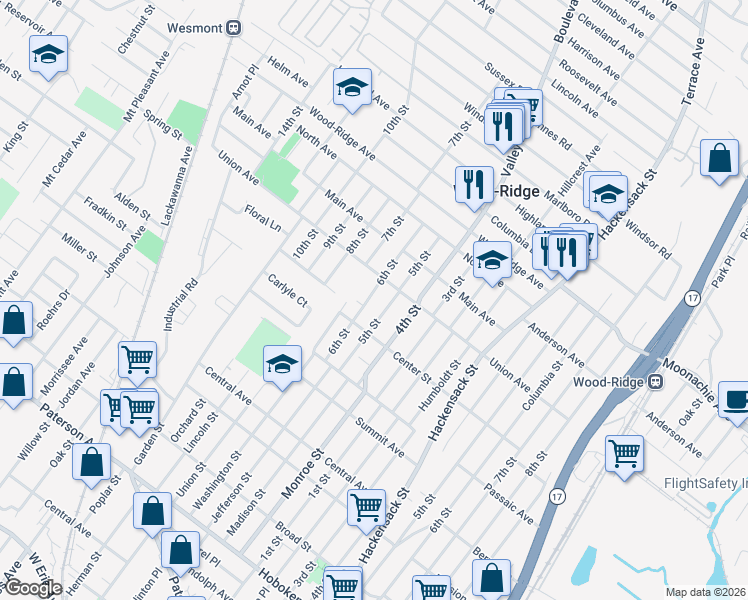 map of restaurants, bars, coffee shops, grocery stores, and more near 72 6th Street in Wood-Ridge