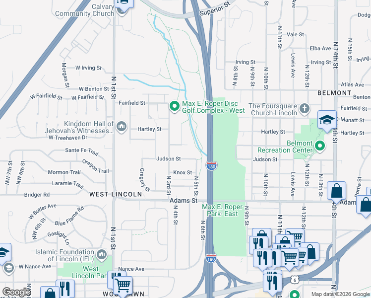map of restaurants, bars, coffee shops, grocery stores, and more near 415 Groveland Street in Lincoln