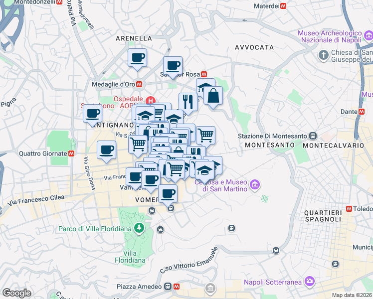 map of restaurants, bars, coffee shops, grocery stores, and more near 21 Via Giuseppe Bonito in Naples
