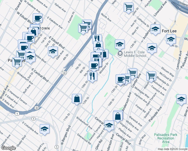 map of restaurants, bars, coffee shops, grocery stores, and more near 342 East Edsall Boulevard in Palisades Park