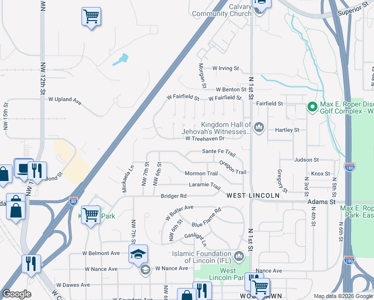 map of restaurants, bars, coffee shops, grocery stores, and more near 430 Sante Fe Trail in Lincoln