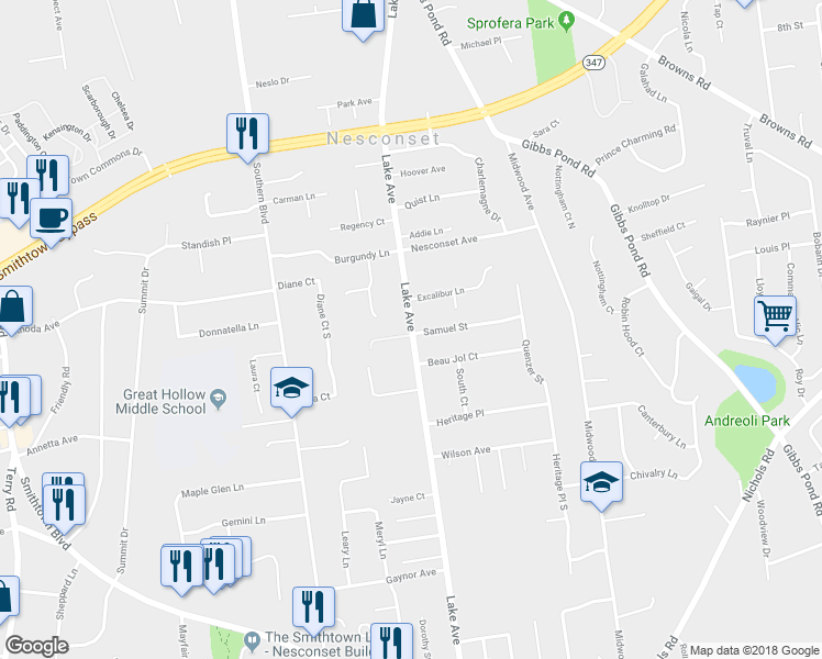 map of restaurants, bars, coffee shops, grocery stores, and more near 254 Lake Avenue in Nesconset