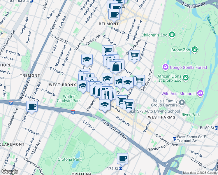 map of restaurants, bars, coffee shops, grocery stores, and more near 700 East 179th Street in The Bronx