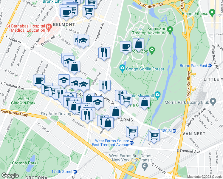 map of restaurants, bars, coffee shops, grocery stores, and more near 2132 Mohegan Avenue in Bronx