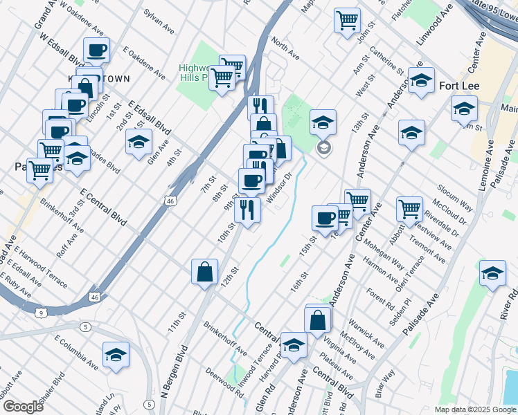 map of restaurants, bars, coffee shops, grocery stores, and more near 342 East Edsall Boulevard in Palisades Park