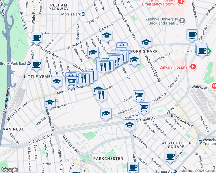 map of restaurants, bars, coffee shops, grocery stores, and more near 1708 Bogart Avenue in Bronx