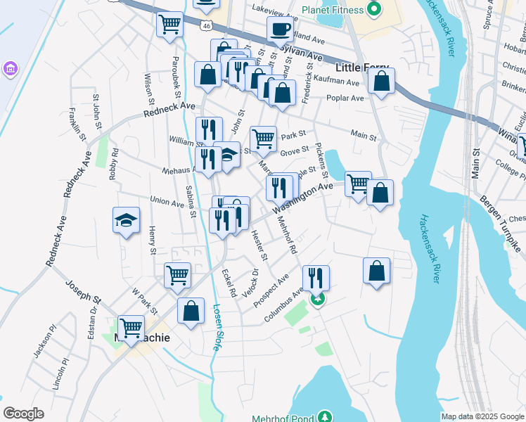 map of restaurants, bars, coffee shops, grocery stores, and more near 172 Washington Avenue in Little Ferry