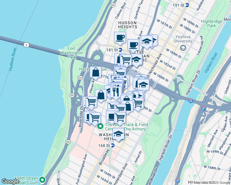 map of restaurants, bars, coffee shops, grocery stores, and more near 711 West 175th Street in New York