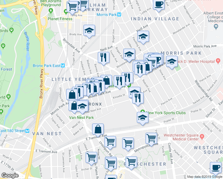 map of restaurants, bars, coffee shops, grocery stores, and more near 839 Morris Park Avenue in Bronx