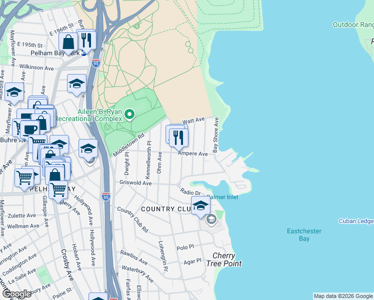 map of restaurants, bars, coffee shops, grocery stores, and more near 3233 Ampere Avenue in Bronx