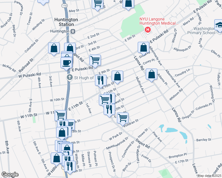 map of restaurants, bars, coffee shops, grocery stores, and more near 133 East 11th Street in Huntington Station