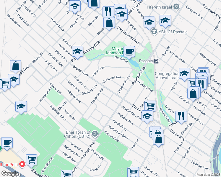 map of restaurants, bars, coffee shops, grocery stores, and more near 368 Brook Avenue in Passaic