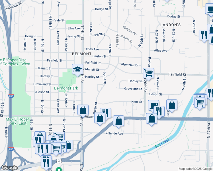 map of restaurants, bars, coffee shops, grocery stores, and more near 3526 Portia Street in Lincoln