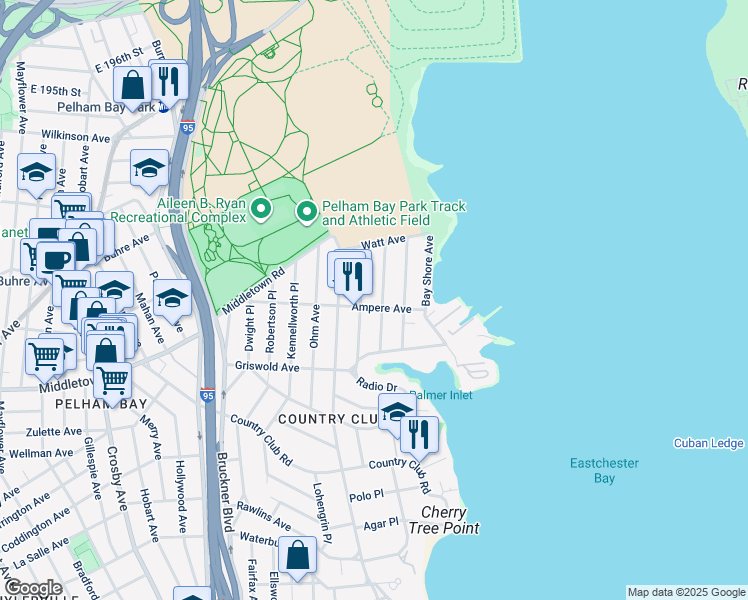 map of restaurants, bars, coffee shops, grocery stores, and more near 1610 Library Avenue in Bronx