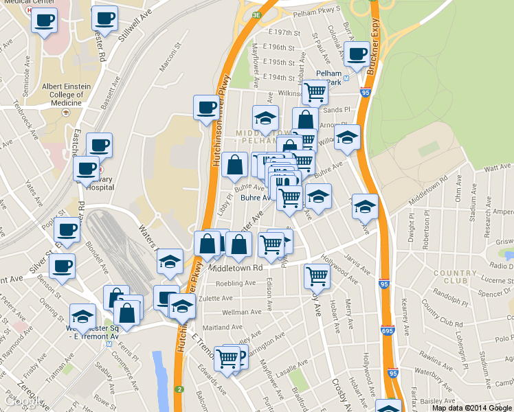 map of restaurants, bars, coffee shops, grocery stores, and more near 1742 Edison Avenue in The Bronx