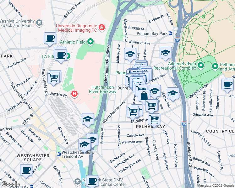 map of restaurants, bars, coffee shops, grocery stores, and more near 1730 Mulford Avenue in Bronx