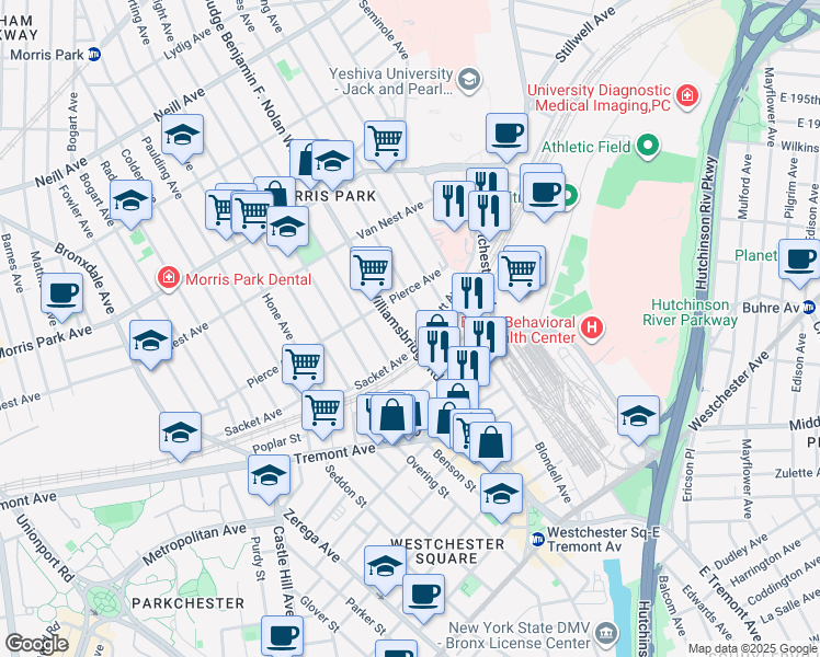 map of restaurants, bars, coffee shops, grocery stores, and more near 1562 Williamsbridge Road in The Bronx