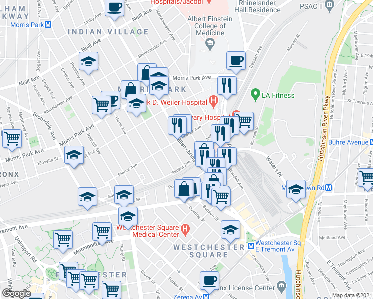 map of restaurants, bars, coffee shops, grocery stores, and more near 1569 Williamsbridge Road in Bronx