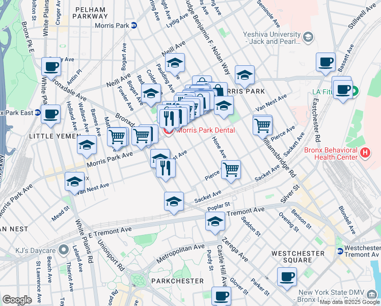 map of restaurants, bars, coffee shops, grocery stores, and more near 994 Van Nest Avenue in The Bronx