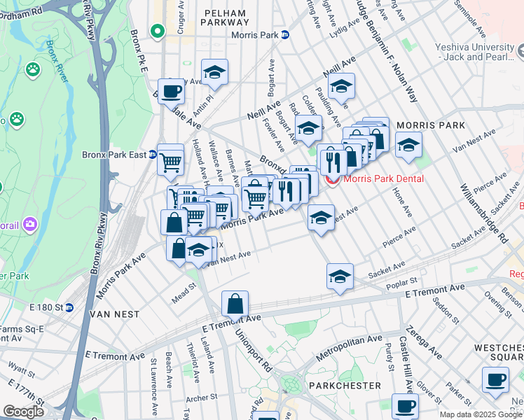 map of restaurants, bars, coffee shops, grocery stores, and more near 839 Morris Park Avenue in Bronx