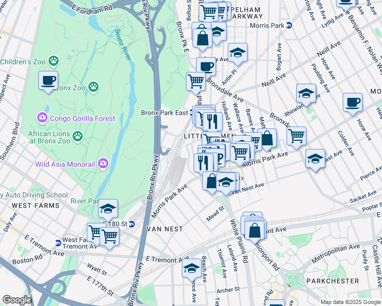 map of restaurants, bars, coffee shops, grocery stores, and more near 1861 Unionport Road in Bronx