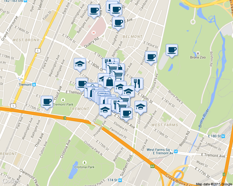 map of restaurants, bars, coffee shops, grocery stores, and more near 2012 Clinton Avenue in The Bronx