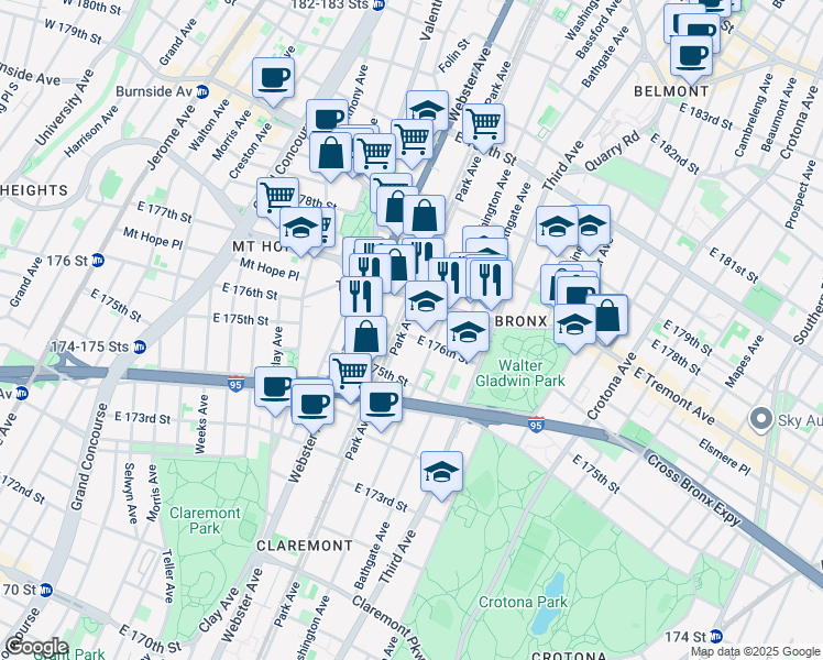 map of restaurants, bars, coffee shops, grocery stores, and more near 1883 Washington Avenue in Bronx