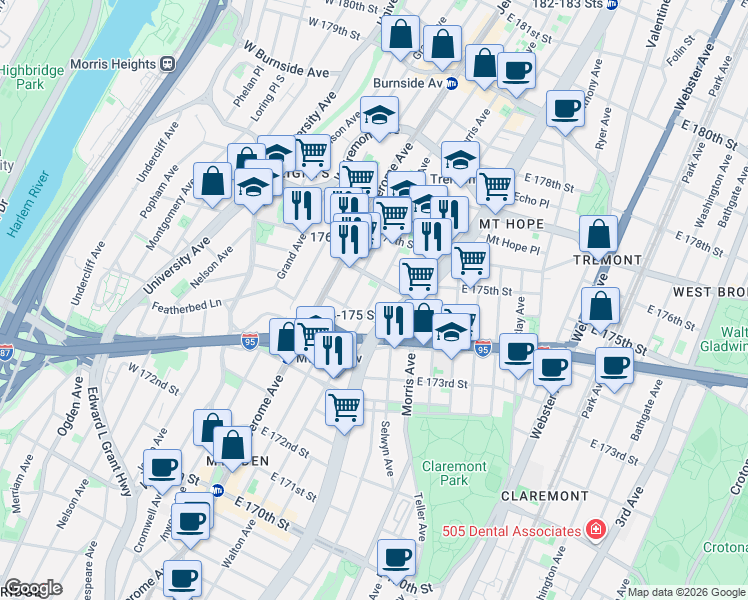 map of restaurants, bars, coffee shops, grocery stores, and more near 1729 Walton Avenue in Bronx