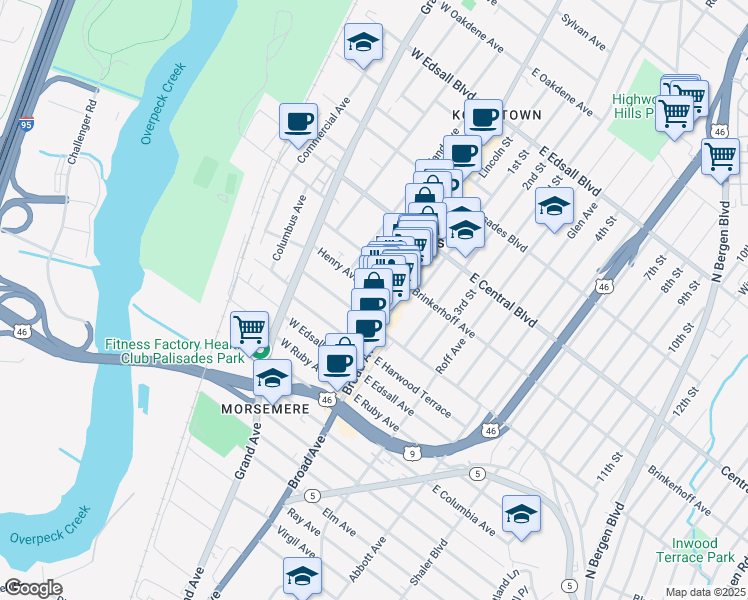 map of restaurants, bars, coffee shops, grocery stores, and more near 225 Broad Avenue in Palisades Park