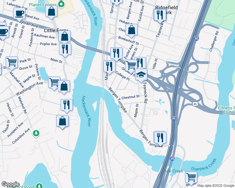 map of restaurants, bars, coffee shops, grocery stores, and more near 7 Alpine Court in Ridgefield Park