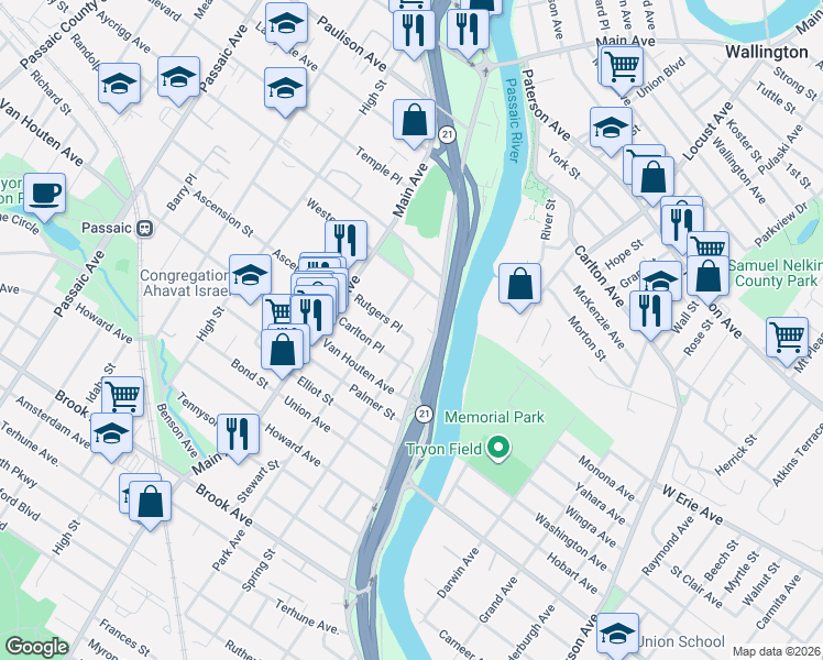 map of restaurants, bars, coffee shops, grocery stores, and more near 22 Rutgers Place in Passaic