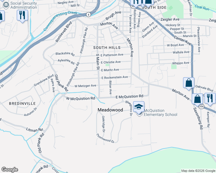 map of restaurants, bars, coffee shops, grocery stores, and more near 107 East Metzger Avenue in Butler