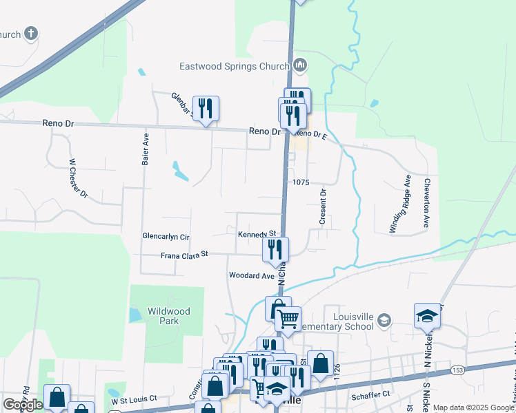 map of restaurants, bars, coffee shops, grocery stores, and more near 4600 Broadway Avenue Northeast in Louisville