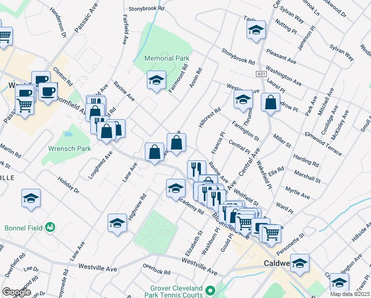 map of restaurants, bars, coffee shops, grocery stores, and more near 56 Ravine Avenue in Caldwell