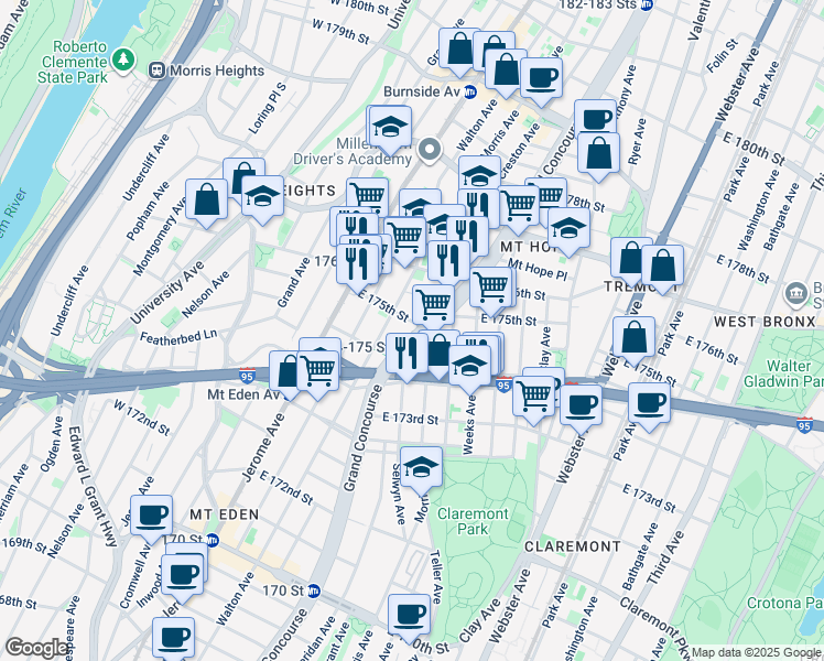 map of restaurants, bars, coffee shops, grocery stores, and more near 1775 Grand Concourse in The Bronx