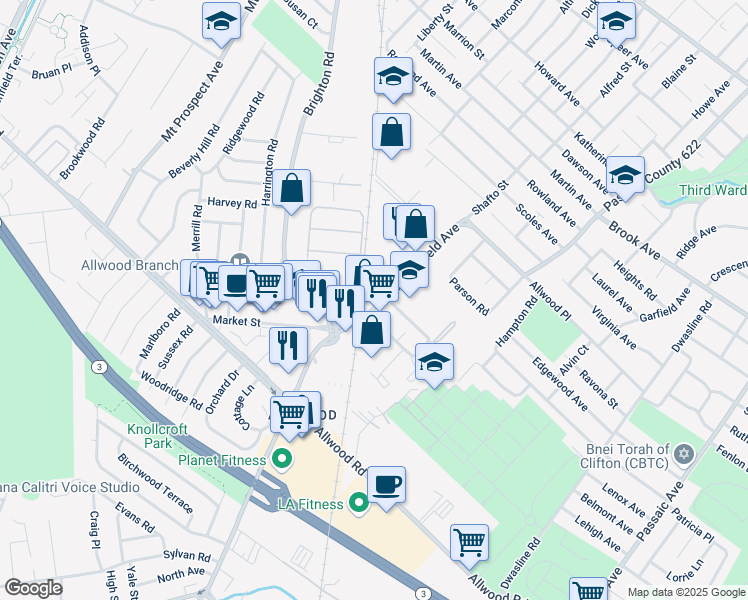 map of restaurants, bars, coffee shops, grocery stores, and more near 854 Bloomfield Avenue in Clifton
