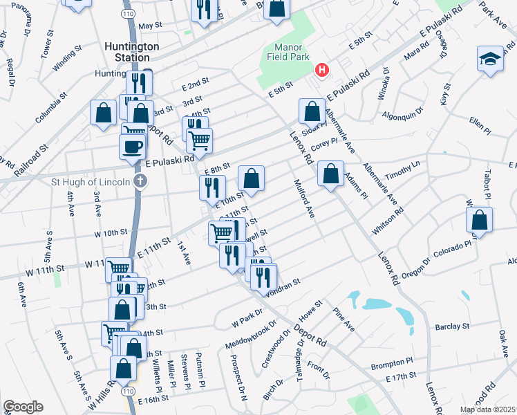 map of restaurants, bars, coffee shops, grocery stores, and more near 156 East 11th Street in Huntington Station