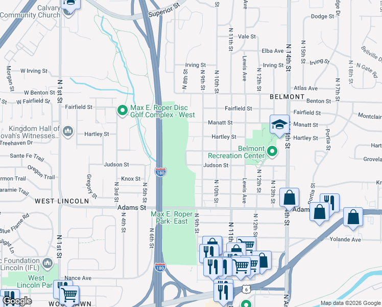 map of restaurants, bars, coffee shops, grocery stores, and more near 801 Groveland Street in Lincoln