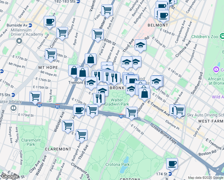 map of restaurants, bars, coffee shops, grocery stores, and more near 538 East Tremont Avenue in Bronx