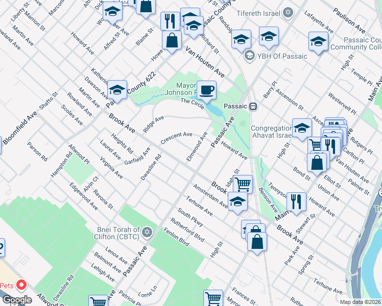 map of restaurants, bars, coffee shops, grocery stores, and more near 21 Pleasant Avenue in Passaic