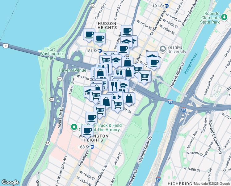 map of restaurants, bars, coffee shops, grocery stores, and more near 611 West 176th Street in New York