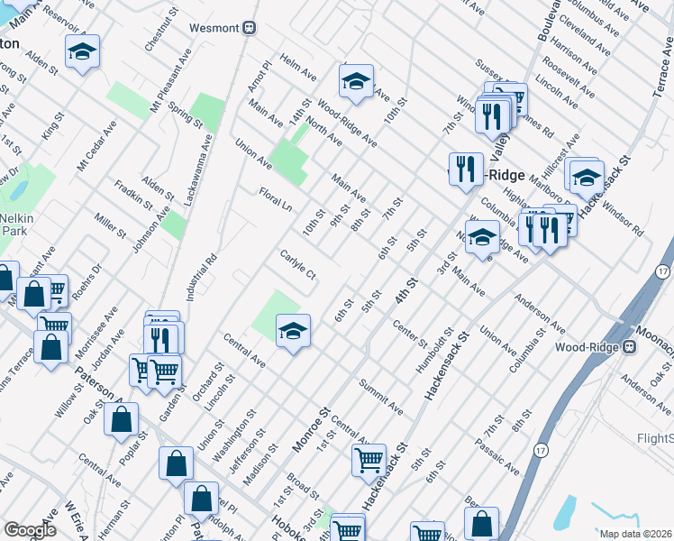 map of restaurants, bars, coffee shops, grocery stores, and more near 310 Center Street in Carlstadt