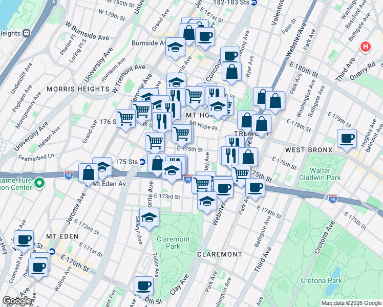 map of restaurants, bars, coffee shops, grocery stores, and more near 1785 Monroe Avenue in Bronx
