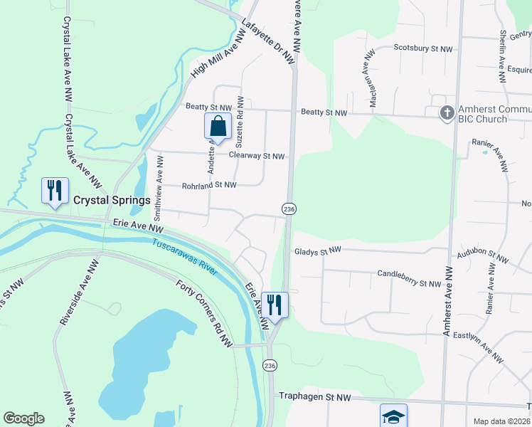 map of restaurants, bars, coffee shops, grocery stores, and more near 9185 Forest Trail Street Northwest in Massillon