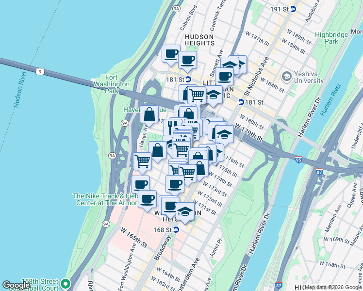 map of restaurants, bars, coffee shops, grocery stores, and more near 705 West 175th Street in New York