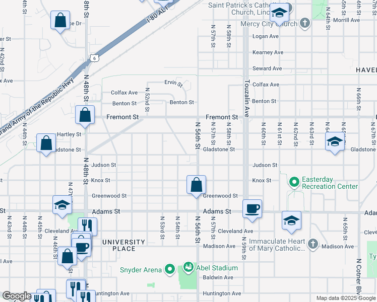 map of restaurants, bars, coffee shops, grocery stores, and more near 3400 Richmond Road in Lincoln