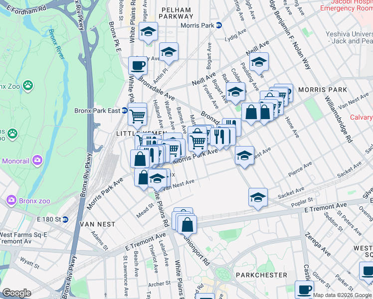 map of restaurants, bars, coffee shops, grocery stores, and more near 1821 Barnes Avenue in The Bronx