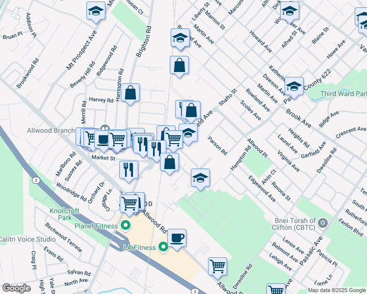 map of restaurants, bars, coffee shops, grocery stores, and more near 854 Bloomfield Avenue in Clifton