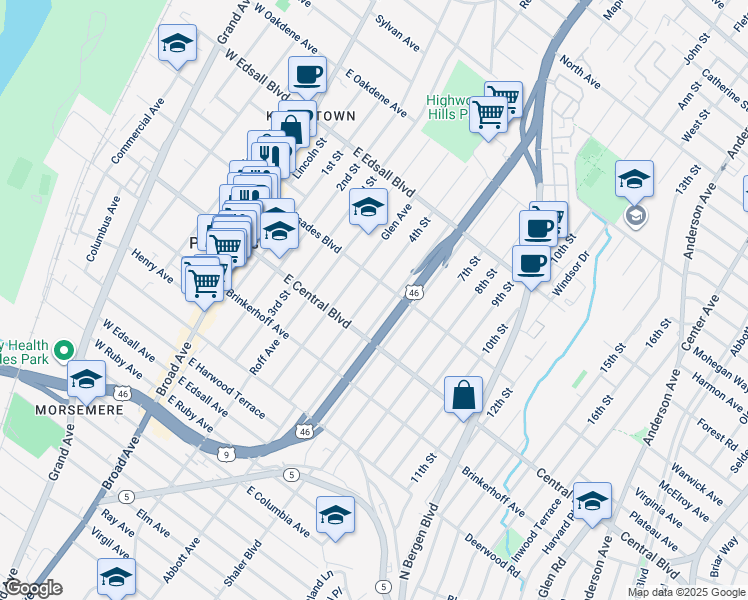 map of restaurants, bars, coffee shops, grocery stores, and more near 330 4th Street in Palisades Park
