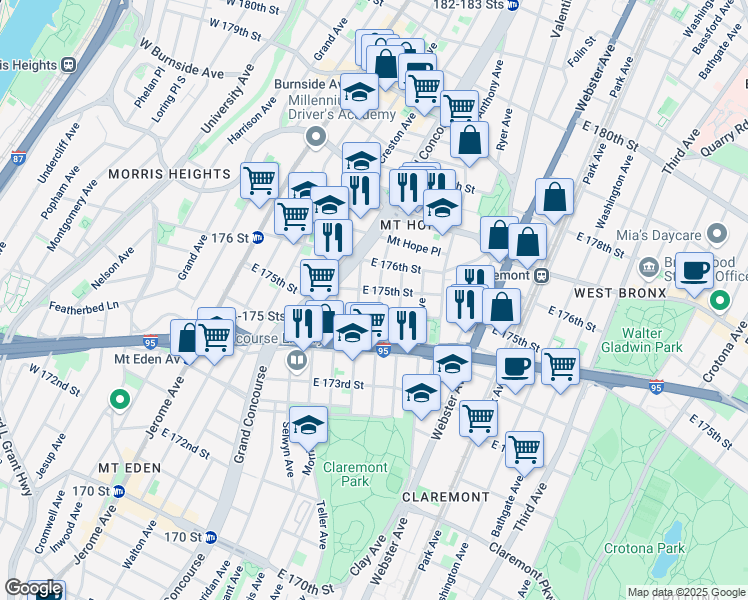 map of restaurants, bars, coffee shops, grocery stores, and more near 1785 Monroe Avenue in Bronx